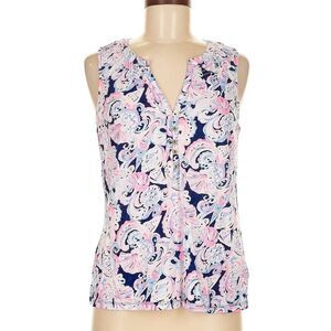 NWOT Lilly Pulitzer Essie V-Neck Top It's For Shore Pink Navy Shell Print Sz M